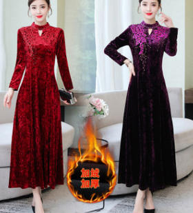 AHM5125新式改良旗袍妈妈装婚礼连衣裙女金丝绒高贵婚宴走秀礼服