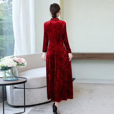AHM5125新式改良旗袍妈妈装婚礼连衣裙女金丝绒高贵婚宴走秀礼服 商品图4