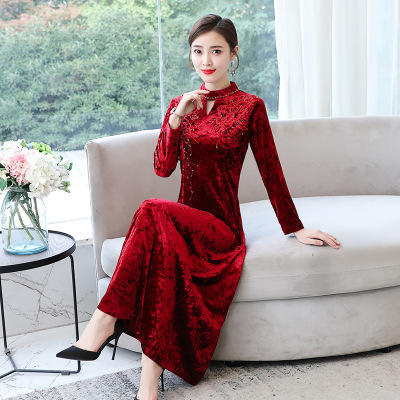 AHM5125新式改良旗袍妈妈装婚礼连衣裙女金丝绒高贵婚宴走秀礼服 商品图1