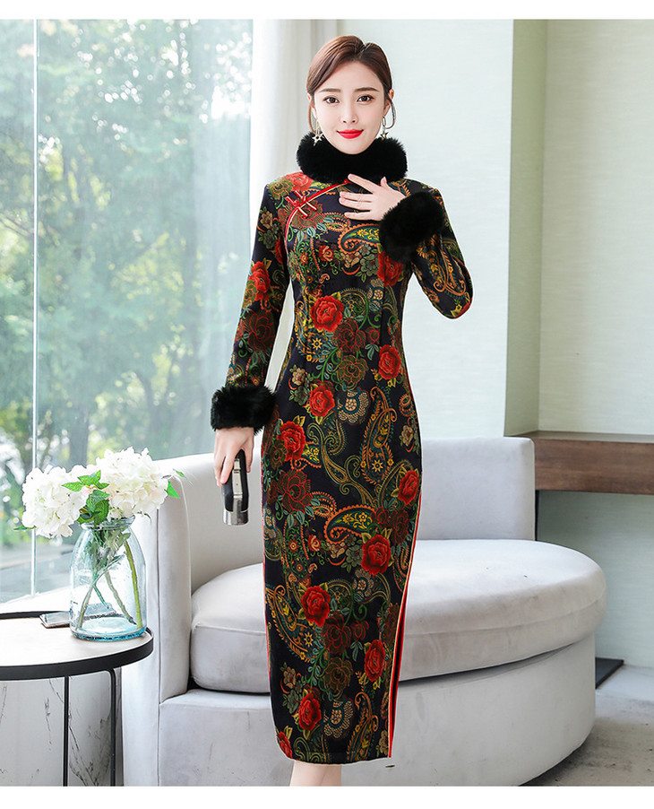 ahm5127中国风旗袍裙冬季新款长袖加绒保暖麂皮绒加厚修身毛领旗袍