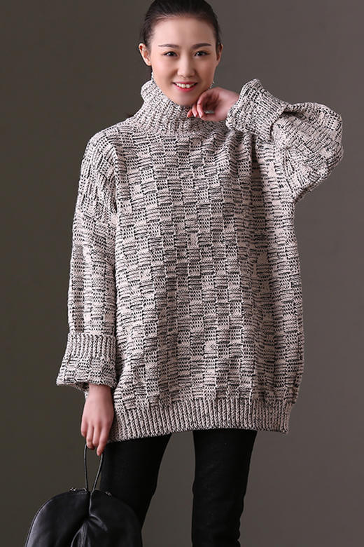 特惠6折 m090 文艺大码花线混纺方格织花宽松高领套头毛衣女 冬