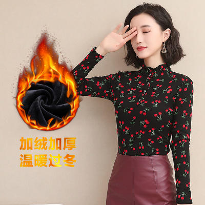 KQL	E045M757新款韩版修身网纱印花立领加绒加厚打底衫女百搭大码T恤 商品图2