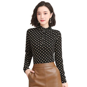 KQL	E045M757新款韩版修身网纱印花立领加绒加厚打底衫女百搭大码T恤