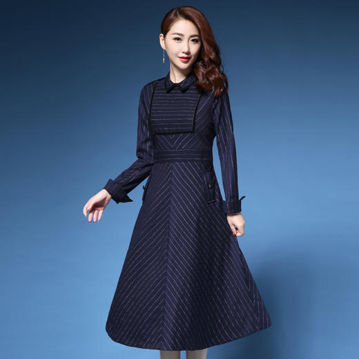 秋冬新款时尚条纹高端气质潮翻领修身淑女中长款连衣裙货号sl40662