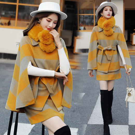 WZNH-WY99869秋季新款韩版时尚气质英伦风格纹披肩两件套裙（配毛领） 商品图0