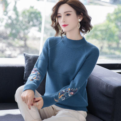 fcfq66825针织衫女刺绣秋冬装新款打底衫半高领套头长袖宽松上衣毛衣