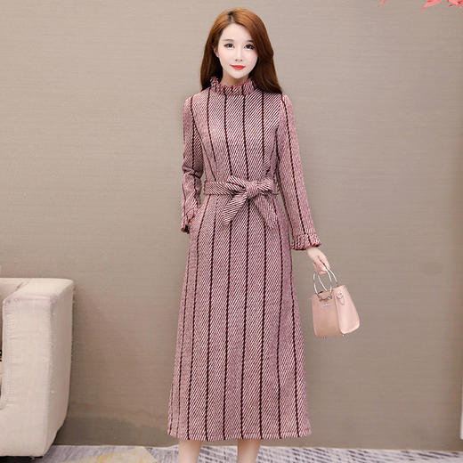 冬季立领长袖系带长款流行加厚毛呢连衣裙(货号 vb0155)