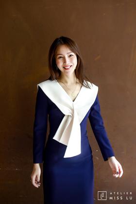 AtelierMissLu / Niecy-藏青拼白褶皱装饰连身裙