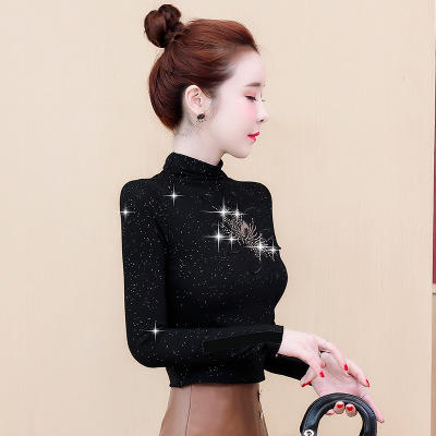 AHMmyl667新款女装潮气质立领时尚T恤女修身长袖亮丝烫钻打底衫 商品图1