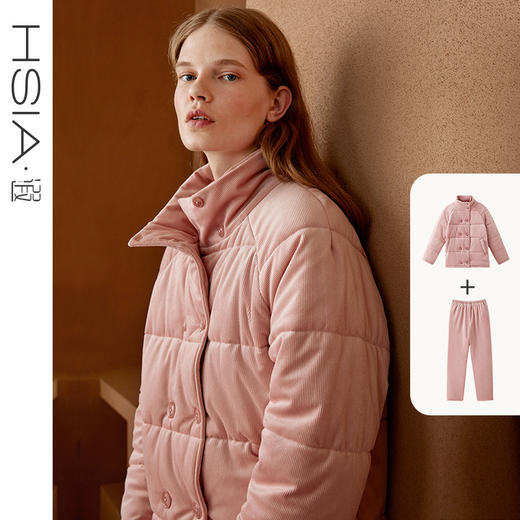 HSIA遐 冬季加厚睡衣女时尚立领夹棉灯芯绒显瘦可外穿家居服套装 商品图0