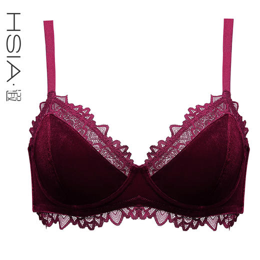 HSIA遐 大胸显小文胸三角杯复古大码有钢圈性感丝绒薄款内衣女 商品图1