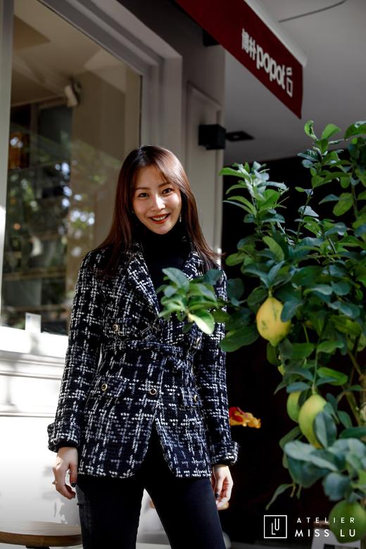 AtelierMissLu / Maisei-黑白粗呢格收腰翻领外套 商品图0