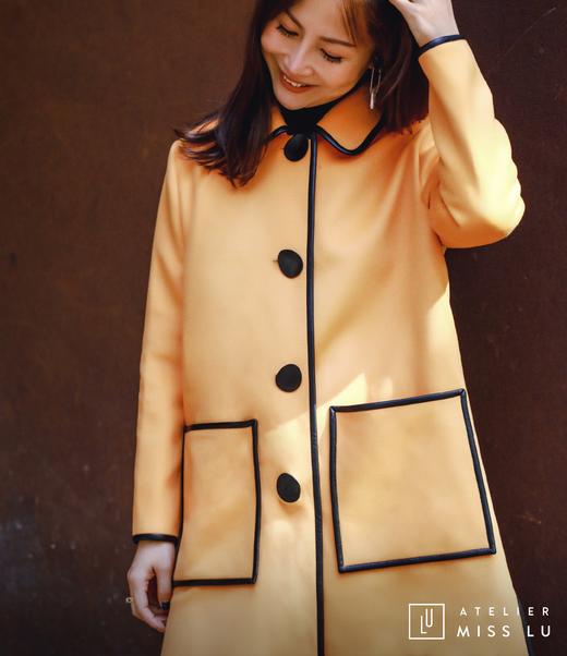 AtelierMissLu / Nuria-奶蜜黄撞色口袋羊毛长外套 商品图0