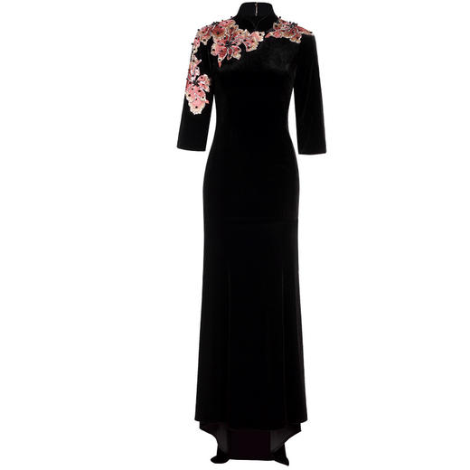 DLQ-A2143秋季长款高贵绣花牡丹花金丝绒秋款旗袍连衣裙 商品图3