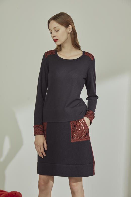 蕾丝装饰圆领女套衫 SJF91W148N M 商品图1