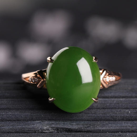 18k金镶玉指环1012蛋面玉石带证书复古风碧玉金指和田玉戒指(货号 g