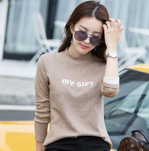 【服饰鞋包】.半高领打底衫长袖T恤女时尚百搭秋冬加绒舒适大码绣花上衣 商品图0