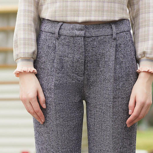 欧芮儿格子拼接灰色九分裤女高腰春装2019款女装显瘦哈伦休闲裤 商品图3