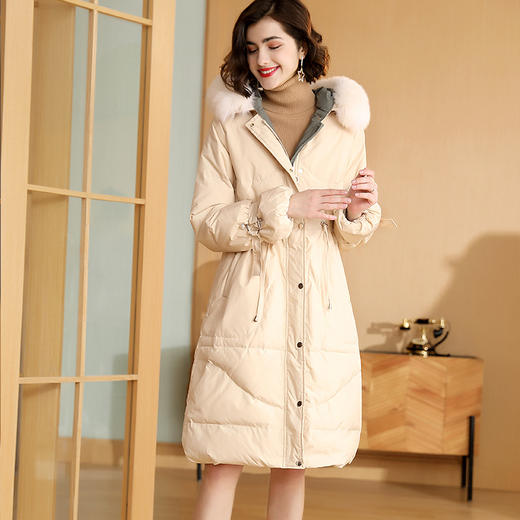 KE-661秋冬新款纯色系带大毛领连帽时尚长款羽绒服外套 商品图1