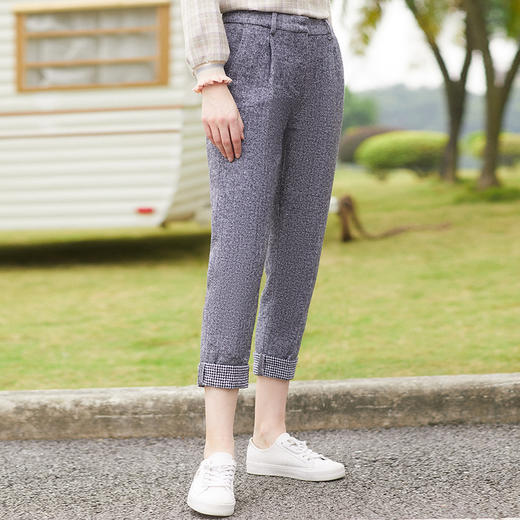 欧芮儿格子拼接灰色九分裤女高腰春装2019款女装显瘦哈伦休闲裤 商品图1