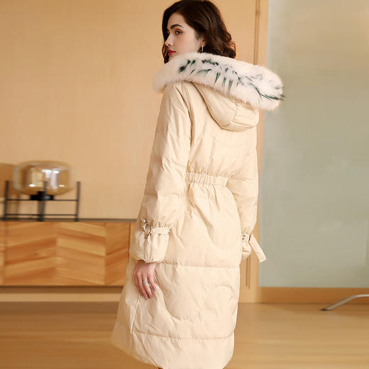 KE-661秋冬新款纯色系带大毛领连帽时尚长款羽绒服外套 商品图3
