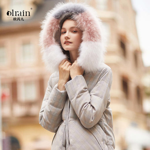 欧芮儿2021冬装新款羽绒服女中长款白貉子真毛领90%白鸭绒保暖 商品图1