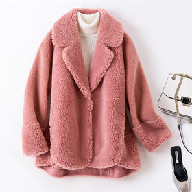 KE-1908秋冬新款宽松纯色翻领网红同款羊剪颗粒绒外套