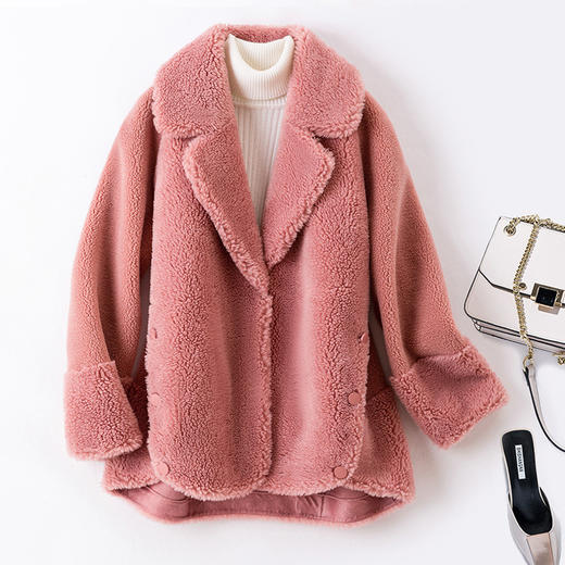 KE-1908秋冬新款宽松纯色翻领网红同款羊剪颗粒绒外套 商品图0