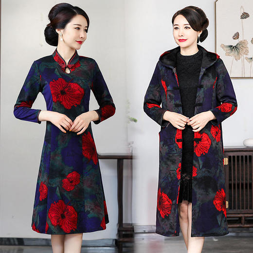 YCE 1204-1990改良版加绒加厚外披旗袍式两件套 商品图0