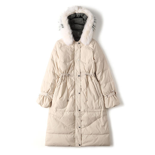 KE-661秋冬新款纯色系带大毛领连帽时尚长款羽绒服外套 商品图4