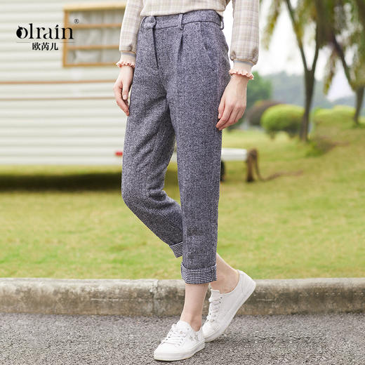 欧芮儿格子拼接灰色九分裤女高腰春装2019款女装显瘦哈伦休闲裤 商品图0