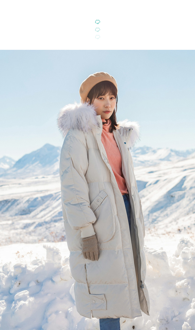 茵曼2019冬季新款清新时尚加厚大口袋羽绒服女中长款过膝大毛领潮