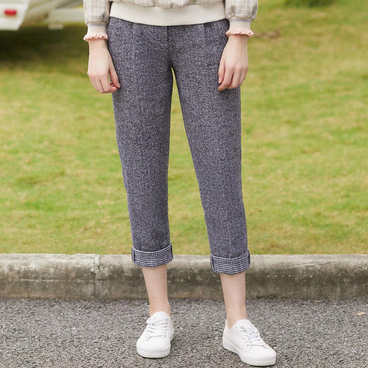 欧芮儿格子拼接灰色九分裤女高腰春装2019款女装显瘦哈伦休闲裤 商品图4