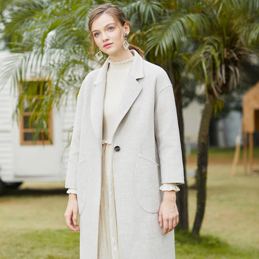 欧芮儿西装领格子毛呢外套女2019新款冬中长款小个子呢大衣 商品图1