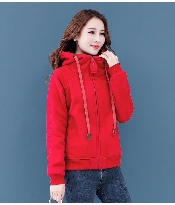 秋冬加绒卫衣女新款连帽韩版时尚外穿上衣加厚短外套ht045