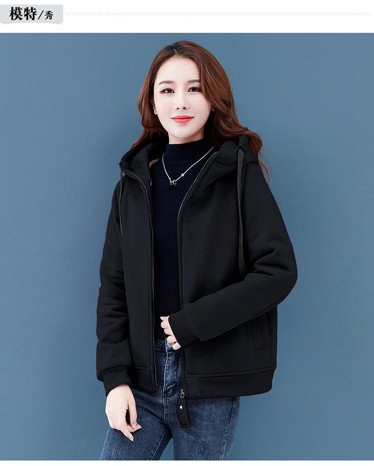 秋冬加绒卫衣女新款连帽韩版时尚外穿上衣加厚短外套ht045