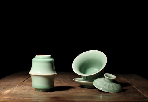 茶器 土人斋 龙泉青瓷  梅子青 莟芳莲瓣盖碗套组