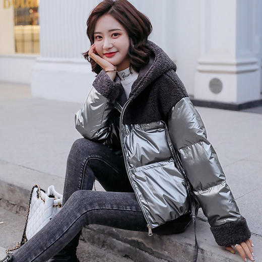 LJY-Q8872-107冬季新款一体颗粒绒拼接亮面连帽棉服 商品图2