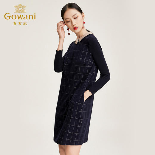 乔万尼连衣裙修身显瘦羊毛裙长袖格子连衣裙中长款冬EN4E705 商品图1