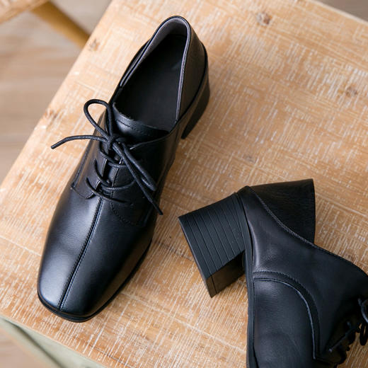 中跟系带韩版方头真皮职业舒适粗跟气质黑色皮鞋货号ay8059