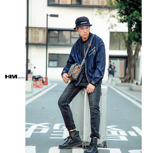 HIM漢崇 秋装时尚青年棒球领短款夹克衫潮流条纹夹克男外套 商品图0
