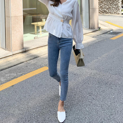 韩都衣舍2019秋新韩版女网红高腰长裤显瘦修身牛仔裤女pt9155禧