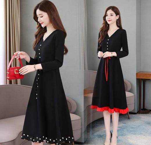 【服饰鞋包】秋冬气质系带收腰显瘦波点拼接长袖连衣裙女流行中长裙子 商品图1