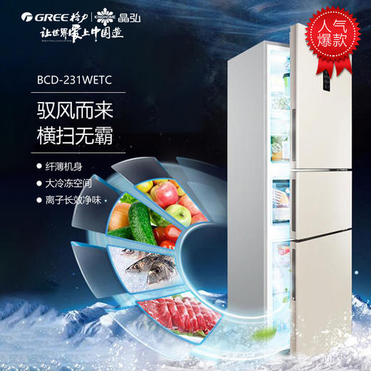 GREE格力 晶弘冰箱 三门冰箱 风冷无霜 BCD-231WETC/时代金 商品图0