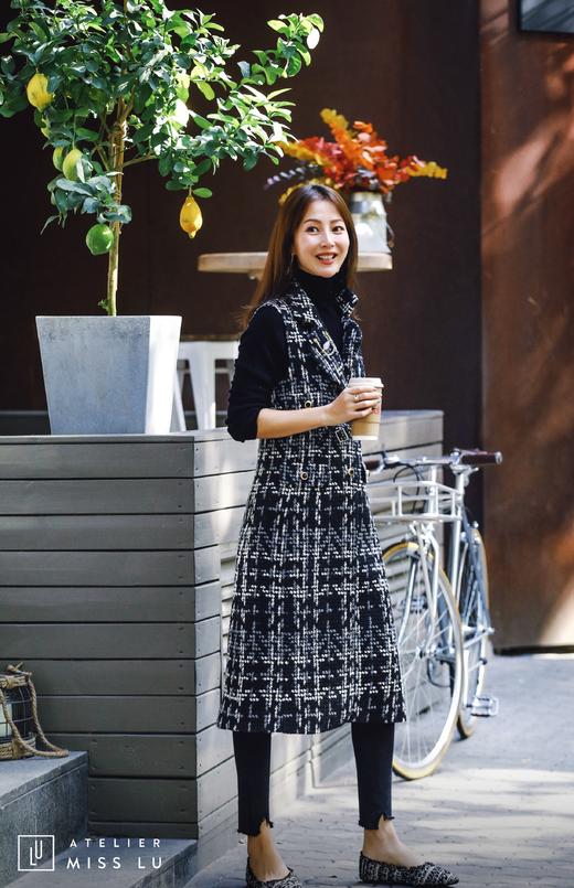 AtelierMissLu / Odete-黑白粗呢格修身长马甲 商品图1