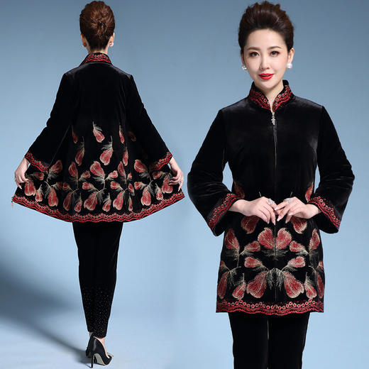 MY-8848秋冬中长款加厚棉衣金丝绒高档绣花棉衣 商品图0