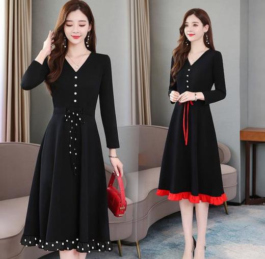 【服饰鞋包】秋冬气质系带收腰显瘦波点拼接长袖连衣裙女流行中长裙子 商品图2