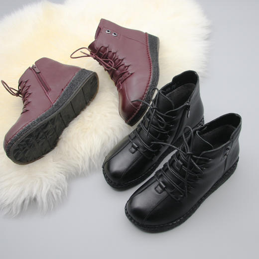 内联升女鞋冬季棉鞋毛绒里系带牛皮靴高帮鞋4075C 商品图0