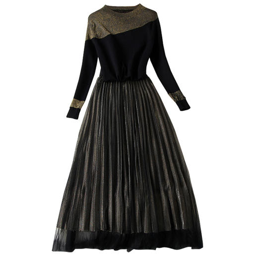 LYY-T10417秋季撞色亮丝拼接针织显瘦上衣+百褶网纱半身裙套装 商品图4