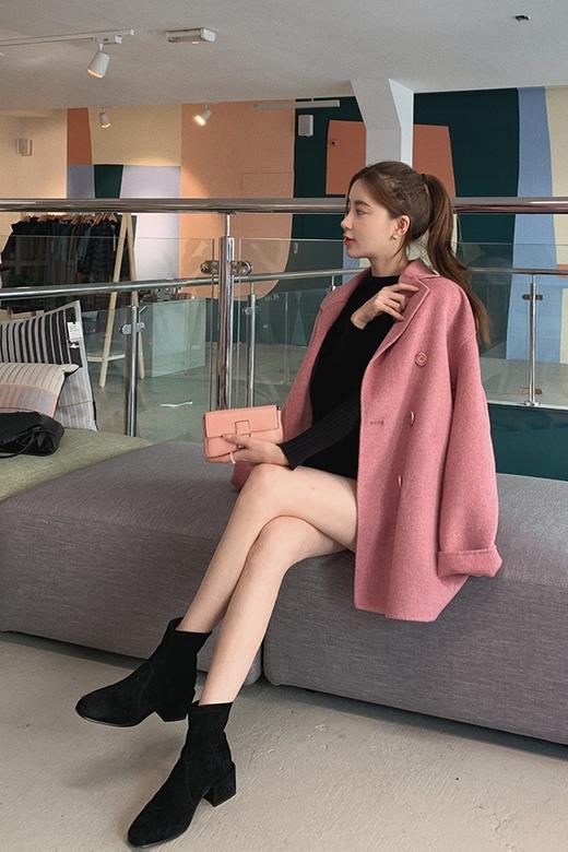 金蘑菇菇 高端双面呢大衣长袖翻领中长款双排扣外套 商品图5